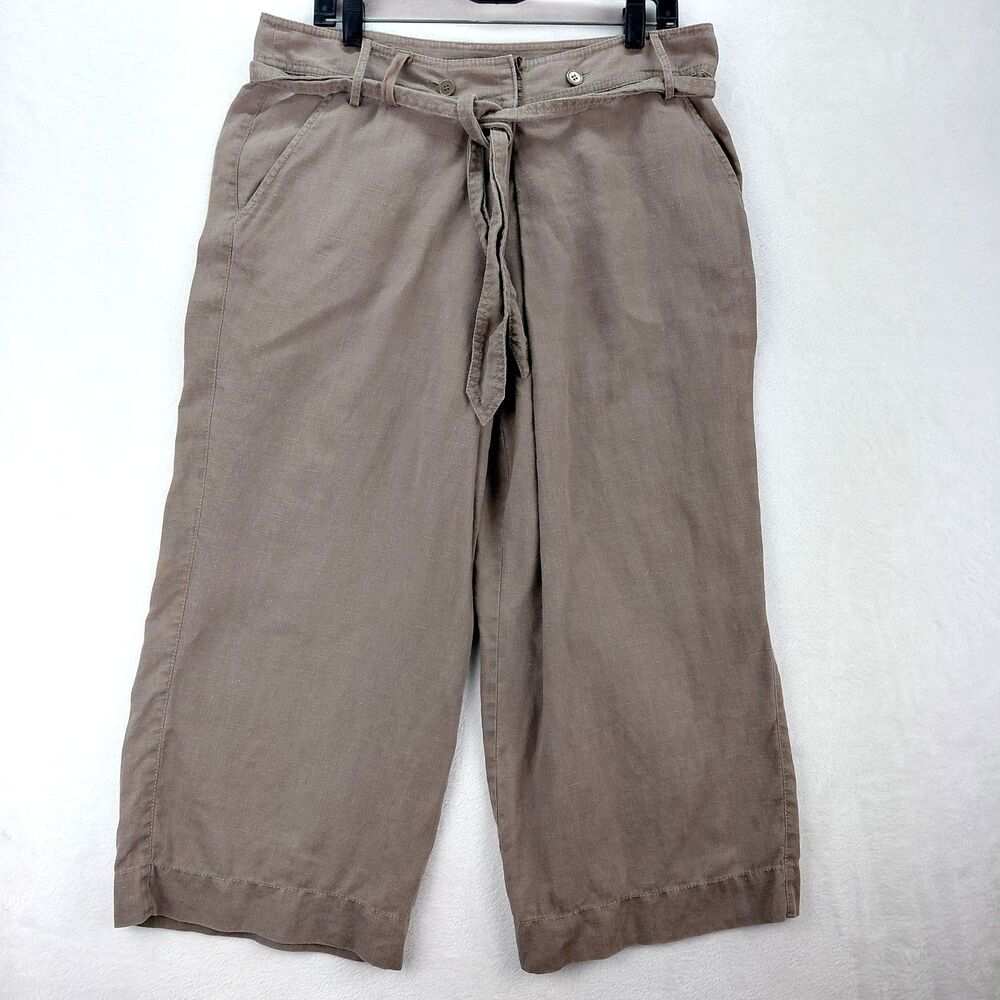 Anthropologie Fei Brown Linen Wide Leg Belted Pants Womens 10 Vacation Resort
